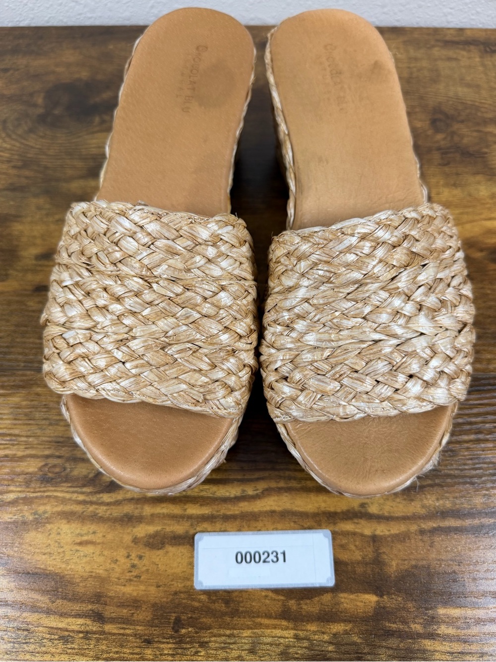 Chocolate Blu Women’s 10 Woven Raffia Slide Sandals Leather Boho Natural Tan
